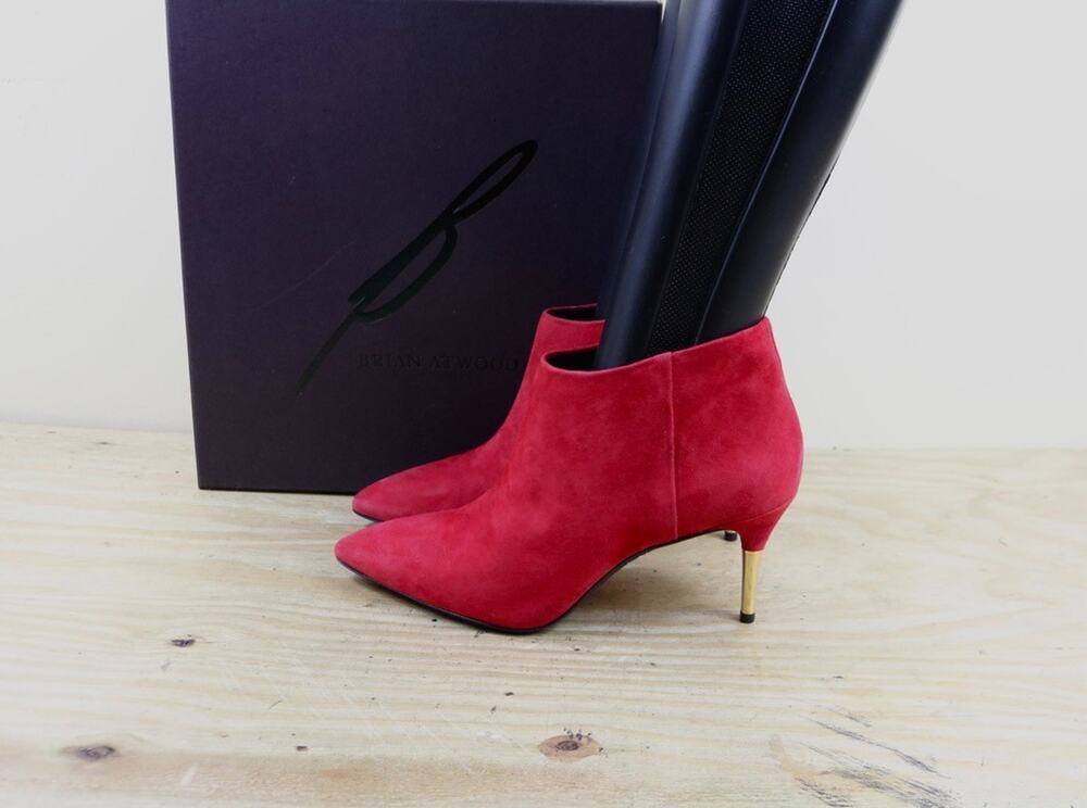 New Brian Atwood Boots 8M Red Suede Mcalester Bootie Ankle Stilettos Glam Rock